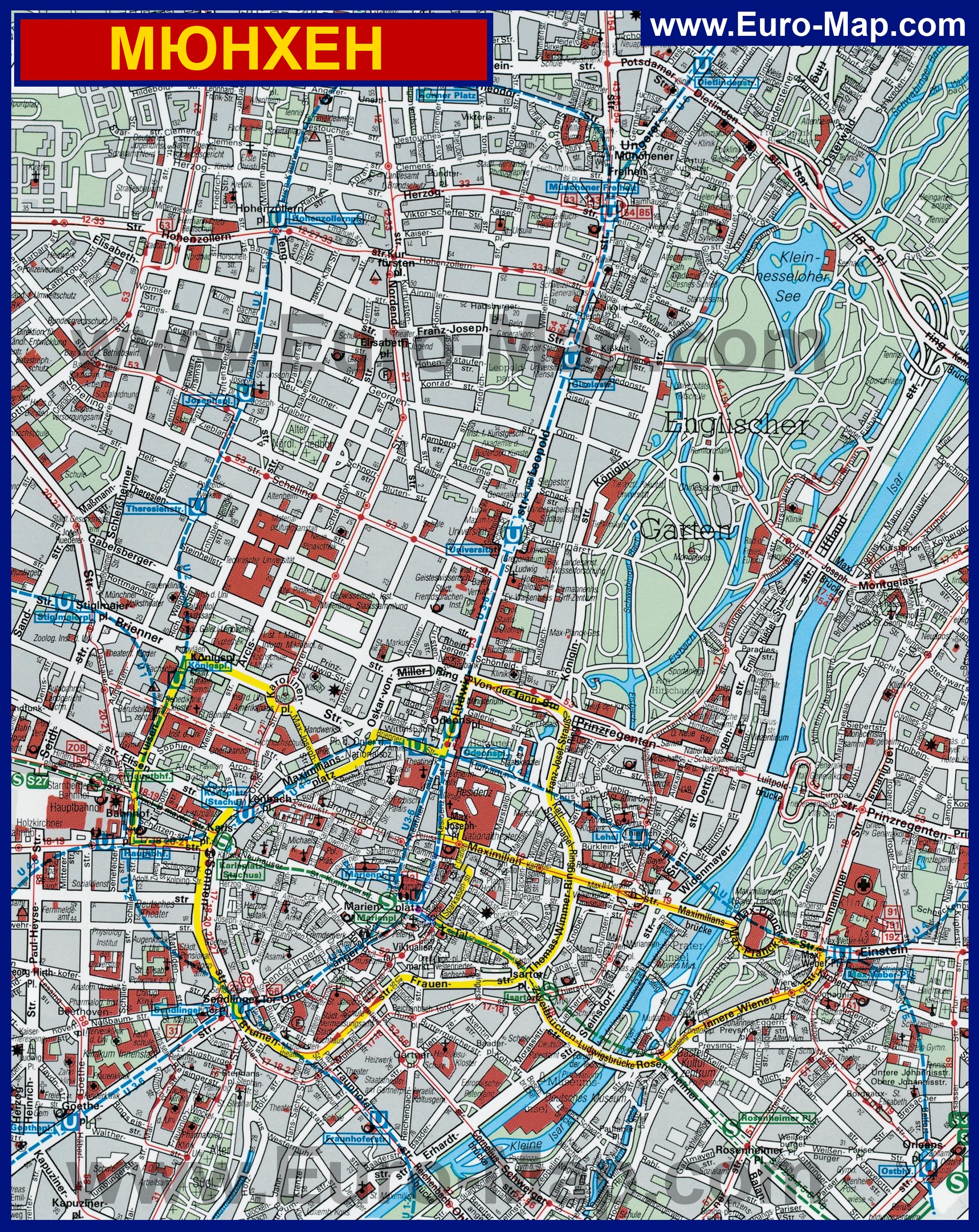 Карта центра города Мюнхен с отелями и