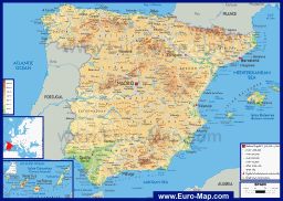 Физическая карта Испании с островами