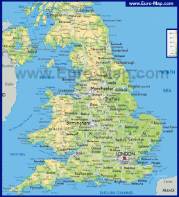 Физическая карта Англии на английском языке