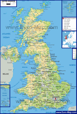 Физическая карта Великобритании на английском языке